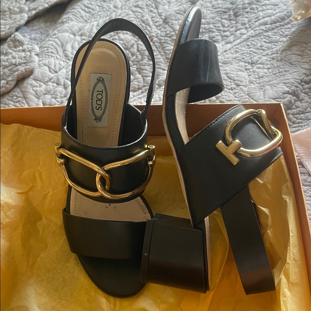 Tod's Black Sandals with Gold Buckle